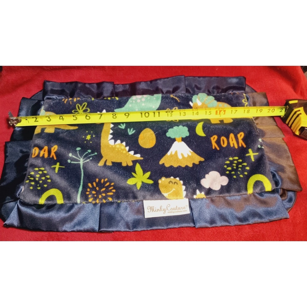 Baby Lovey Minky Couture Soother Security Blanket Satin Trim NAVY BLUE DINOSAURS
